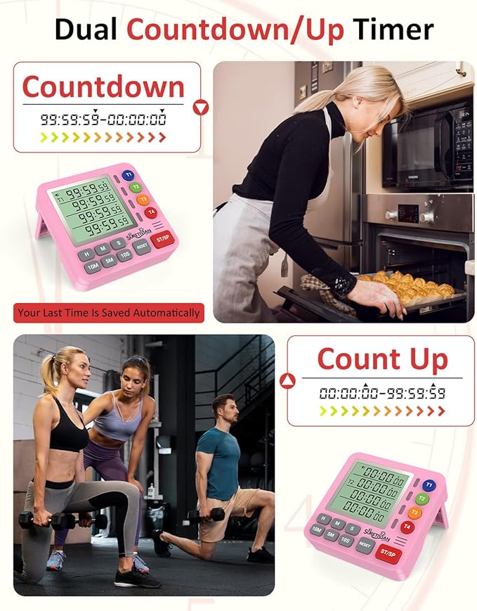 Digital Kitchen Timer for Cooking - 4 Channel Count Up Countdown Timer with Loud Alarm and Silent Mode, Large Display, Magnetic Back, Auto Memory for Classroom Study Gym, Battery Included (Pink)