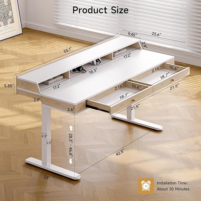 Standing Desk With Drawers, 55x23.6 Inch Electric Stand Up Workstation With Storage Shelf and Memory Controller, Adjustable Height 28-46 Inch for Computer, White