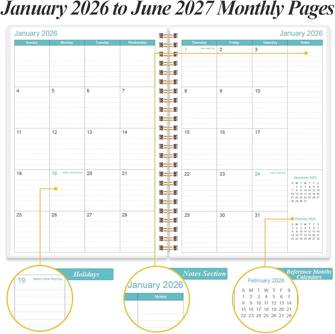 2026-2027 Planner - 18 Months Weekly & Monthly Planner from January 2026 - June 2027, Spiral Notebook 2026-2027 with Elastic Closure, Inner Pocket, Medium 5.8" x 8.3", Flower-A