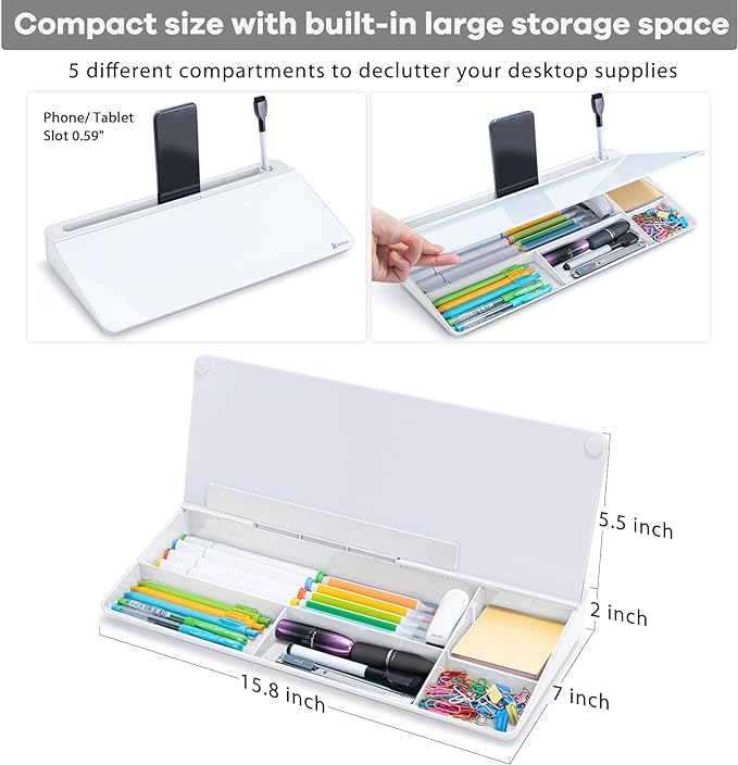Varhomax Glass Desk Whiteboard with Storage, Desktop Organizer to-do List Memo Notepad Dry Erase White Board for Home Office and School Supplies (White)