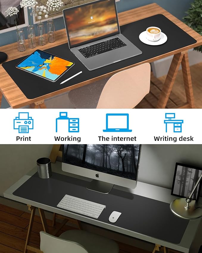Leather Desk Pad Protector,Large Desk Mat, Mouse Pad, Non-Slip PU Leather Desk Blotter, Laptop Computer Desk Keyboard Mat, Waterproof Desk Writing Pad for Office/Home (Black, 48" x 17")
