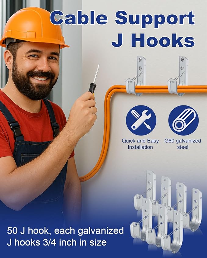 AOKLIT 25 Pcs 2" Galvanized Steel J-Hooks, Heavy Duty Wall Mount Cable Support J Hook with Retainer Clip for Cable Management