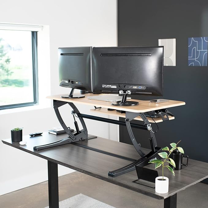 VIVO 36 inch Height Adjustable Stand Up Desk Converter, V Series, Quick Sit to Stand Tabletop Dual Monitor Riser Workstation, Light Wood Top, Black Frame, DESK-V000VO