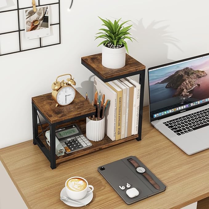 ELITEROO Desktop Shelf Organizer, 3 Tier Office Shelves, Wood Desk Organizers Storage Rack and Freestanding Display Shelf for Office, Dormitory, Home, Rustic Brown