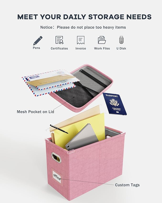Oterri File Organizer Box with Lid, Hanging Filing File Box with Mesh Pocket, Document Organizer Box for Letter Files, Portable Storage Box with Smooth Sliding Rail for Office&Home (1 PCS, Pink)