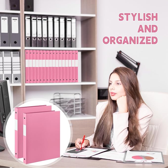 Henoyso 16 Pcs 3 Ring Binder 0.5 Inch Round Fits Letter Size 8.5'' x 11'' Paper Plastic Flexible Binder Bulk Holds 140 Sheets with 1 Pockets Versatile Organizer for Home Office School (Pink)