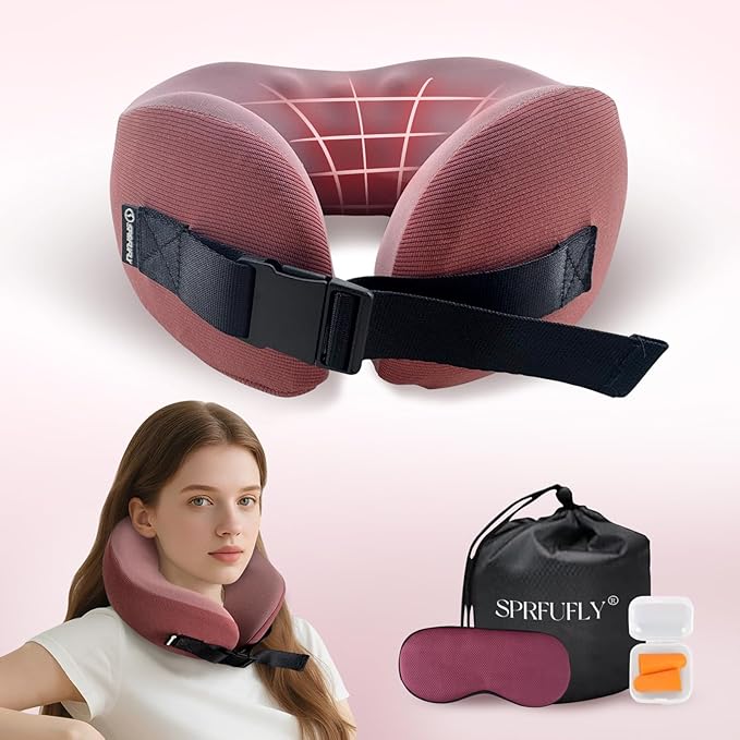 SPRFUFLY Super Soft Travel Pillow, 100% Memory Airplane Pillow with Sleep Mask and Ear Plugs, Breathable Removable Cover & Ergonomic Design - Essentials Neck Pillow for Airplane, Office & Home Use