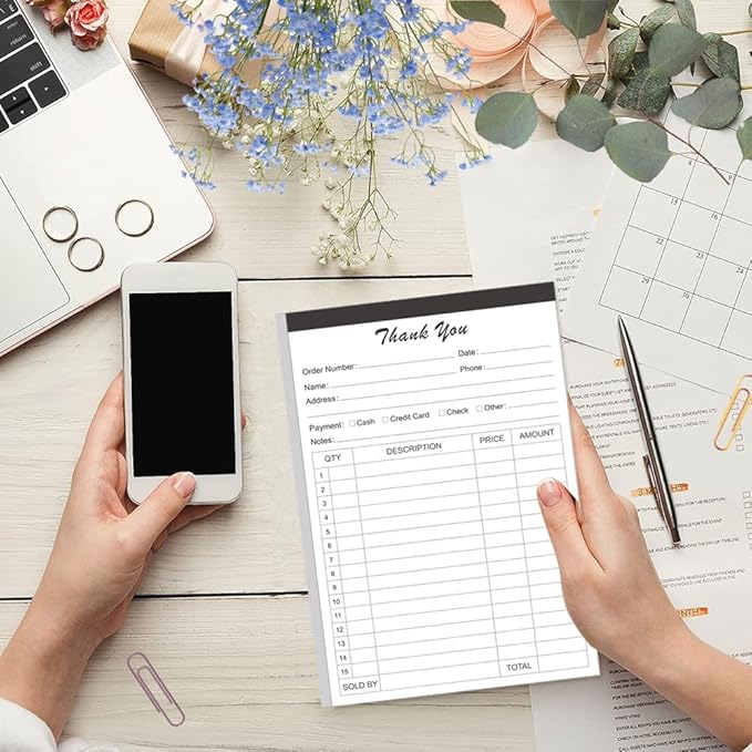 Thank You Receipt Book - 5.5" x 8.5" Cardboard 2-Part Carbonless Sales Invoice Book, 50 Sheets Invoice Pad with Cardboard for Small Business