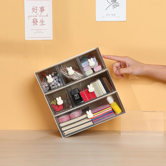 OSteed Desktop Drawers, Desk Organizer with 3 Drawers & Bunny Handles, Stackable Plastic Storage Box for Home Collection, Cosmetics, Office Supplies (1 Tall Layer, Cream & Clear)