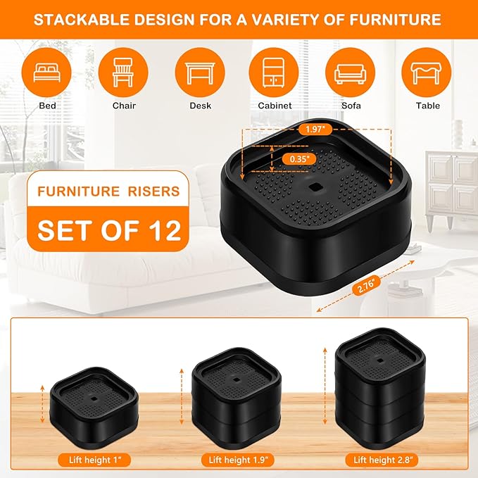 shouwuhho 12 Pack Furniture Risers Adjustable Bed Risers Heavy Duty Lifts Height 1", Square Stackable Bed Risers 1, 2 or 3 Inch for Desk Leg Table Couch Sofa Chair Bed Frame Legs Dorm, Black