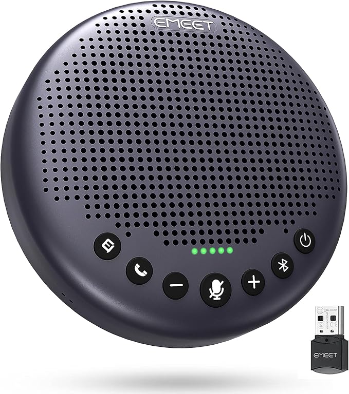EMEET Conference Speaker and Microphone w/8 Mics, 360° Voice Pickup, Noise Reduction, Bluetooth/USB/Dongle Speakerphone for 10 People w/Daisy Chain for 18, Compatible w/Leading Platforms, 2025 Version