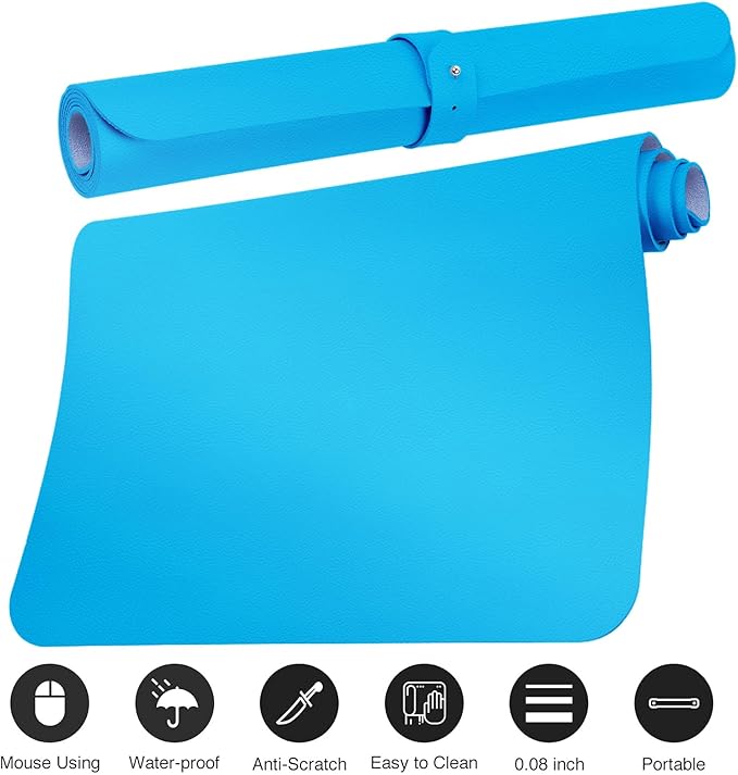 Boutilon Leather Desk Pad Protector,Non-Slip Mouse Pad,Laptop Desk Pad,Office Mouse Mat,Waterproof Leather Desk Blotter,Desk Writing Pad for Office and Home (L-Blue,35"x 17")