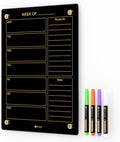Black Glass Golden Weekly Dry Erase Calendar & Menu Whiteboard for Wall, Meal Planning & Grocery Shopping List White Board for Kitchen & Home, 15x11, 4 Wet Erase Markers Included, Yeoux