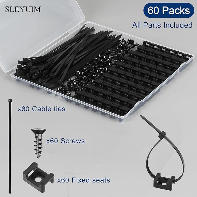 SLEYUIM Premium Cable Zip Tie Mounts Kit - 60 Packs Wire Management Holder & Cable Clips, 8" High-Strength Nylon Ties & 5M Screws, Heavy Duty Fasteners for Wall/Desk, Indoor & Outdoor Cable Organizer