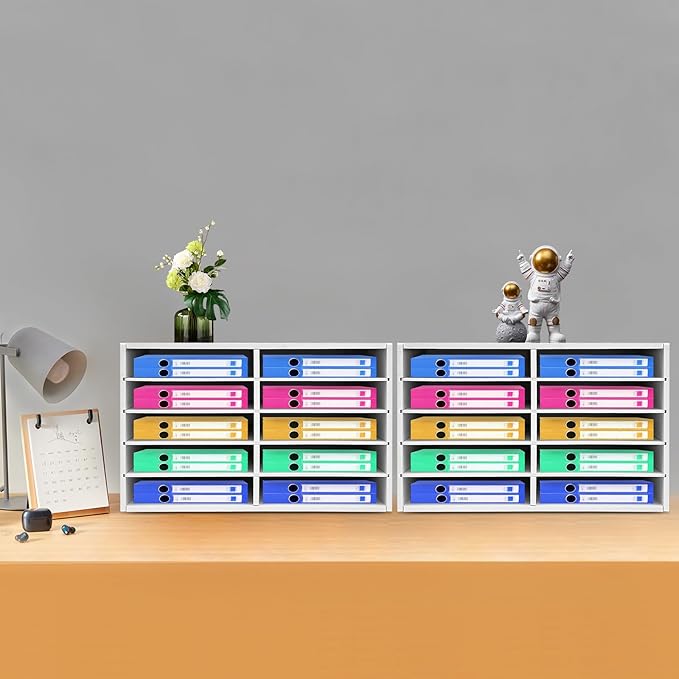 SNWJIAYIN 2Pcs 10 Slot Paper Storage Cabinets, Desktop File Organizer with Adjustable Shelves, Vertical Literature Sorter for Office Home Classroom (White)