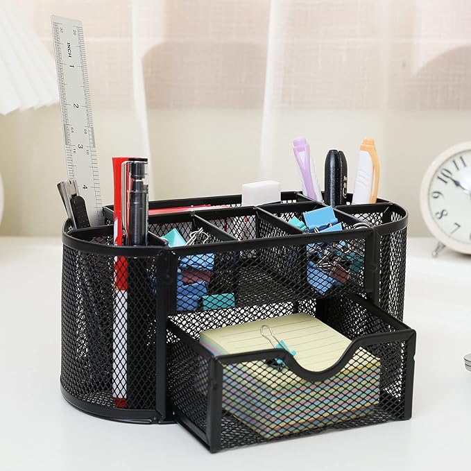 PAKASEPT Desk Organizers, Mesh Desk Organizer Caddy Supplies with Compartments, Makeup Marker Desktop Storage for Office School Home Supplies Teacher Students
