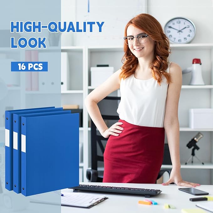 Henoyso 16 Pcs 3 Ring Binder 0.5 Inch Round Fits Letter Size 8.5'' x 11'' Paper Plastic Flexible Binder Bulk Holds 140 Sheets with 1 Pockets Versatile Organizer for Home Office School (Blue)
