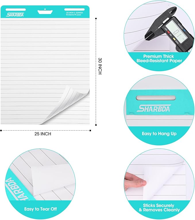 SHARBDA Lined Sticky Easel Pad, 25 * 30 inch,Self-Stick Flip Chart Paper, Super Adhesive & Bleed-Resistant,Micro-Perforated Tear,Classroom Teacher Office Presentation Pads,4 Pads/Pack,120Sheets
