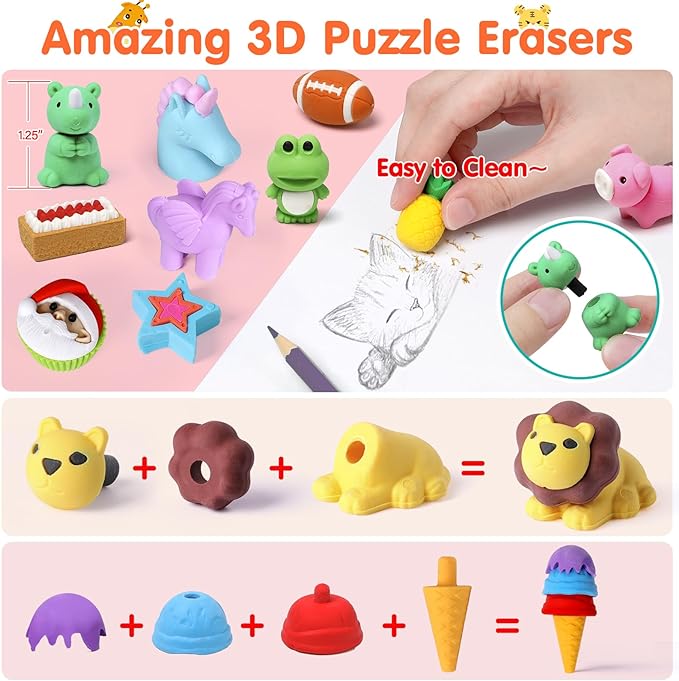Moosia 90 Pack Animal Pencil Erasers for Kids, 3D Mini Puzzle Take Apart Erasers, Desk Pets & Treasure Box Toys, Bulk Party Favors, Classroom Prizes, School Supplies, Gift for Boys & Girls