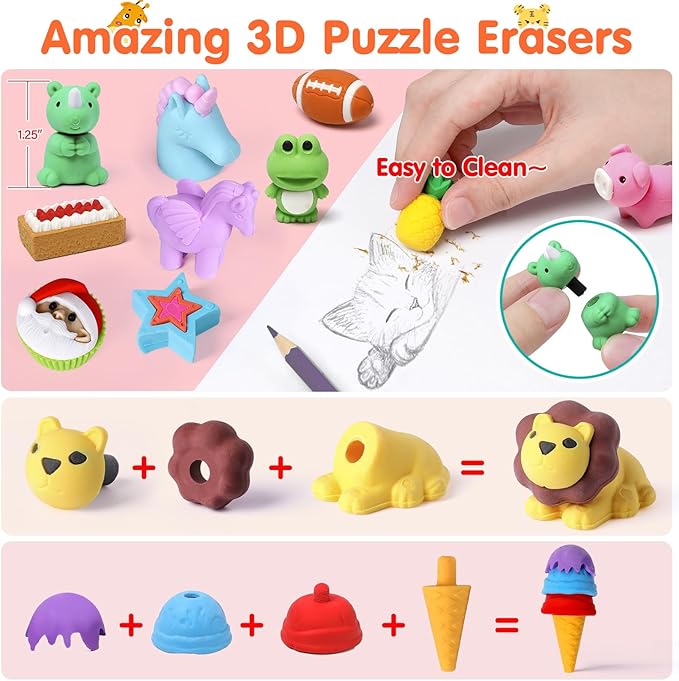 Moosia 120 Pack Animal Pencil Erasers for Kids, 3D Mini Puzzle Take Apart Erasers, Desk Pets & Treasure Box Toys, Bulk Party Favors, Classroom Prizes, School Supplies, Gift for Boys & Girls