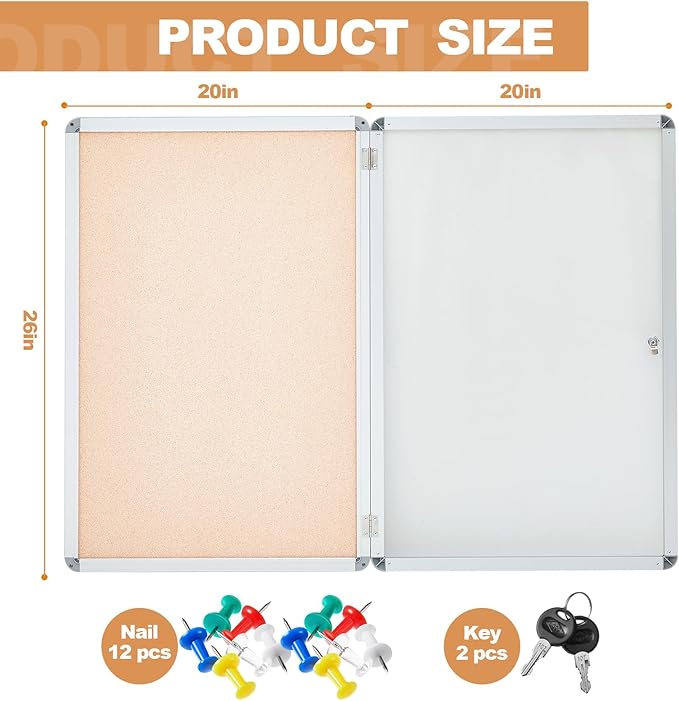 Geetery 26 x 20 Inch Enclosed Fabric Bulletin Board Tamperproof Lockable Noticeboard Fabric&Aluminium Frame Display Cases Wall-Mounted Display Case for School, Office - Secure,Durable Design(Beige)