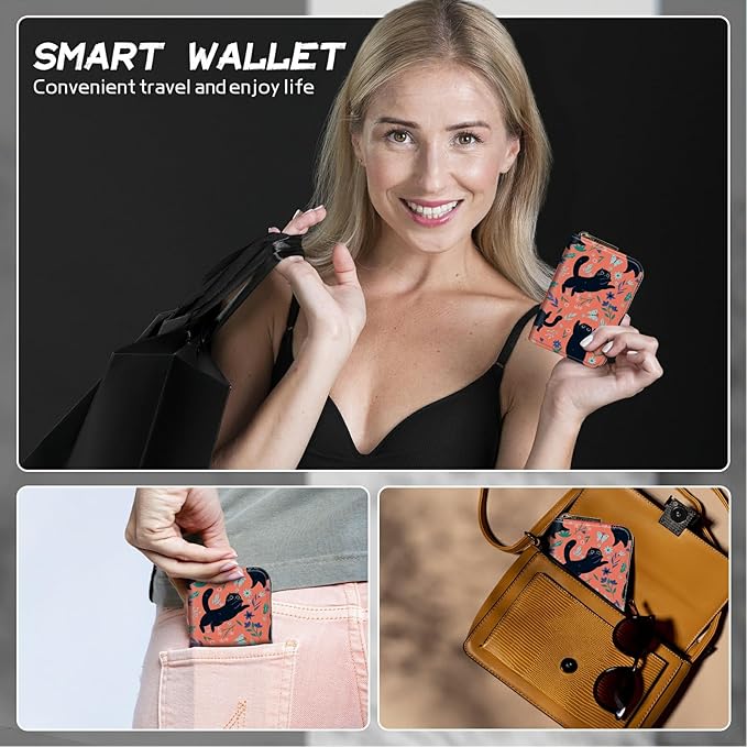 BWEGRHE Cute Credit Card Holder with Zipper, Black Cat Flowers RFID-Blocking Card Case Small Wallet for Women Men, Multi-slot Card Organizer Case Travel Accordion Wallet