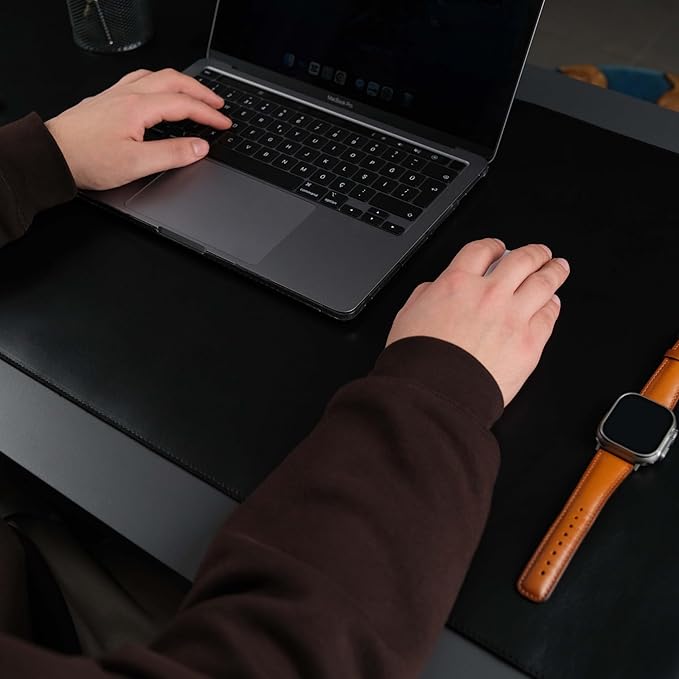 TORONATA Jersey Genuine Calfskin Leather Desk Pad, Office Desk Mat with Non-Slip Bottom, Smooth Surface for Mouse & Keyboard, Desk Protector (14.6x31.5 inches) (Black)