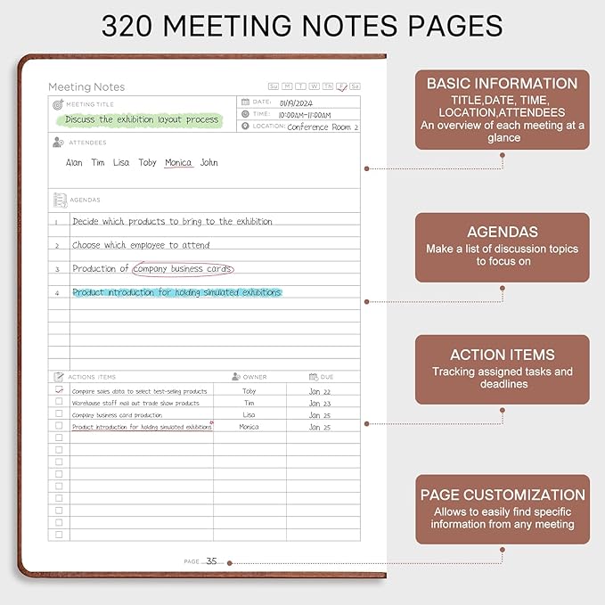 EMSHOI Meeting Notebook for Work with Action Items - 320 Pages B5 Thick Project Planner Agenda Organizer Work Notebook for Women Men Office Business, PU Leather Hardcover, 7.5" x 10", Dark Green