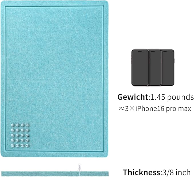 Bulletin Board, 36 x 24 inches Felt Board - Decorative Pin Board, Cork Board Alternative for Wall, 3' x 2' Foldable Picture Board Self-Adhesive Vision Board with 20 Pushpins - Turquoise Blue