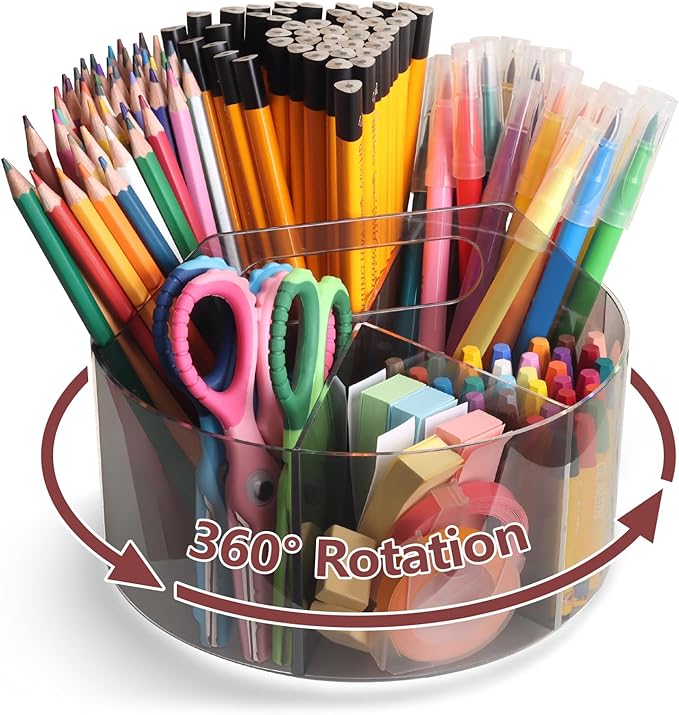 Absonic Acrylic Pen Holder Crayon Organizer for Kids, 6 Slots Arts and Crafts Organizer Marker Caddy Organizer for Classroom, 360 Rotating Pencil Holder Art Supplies Storage for School Office Grey