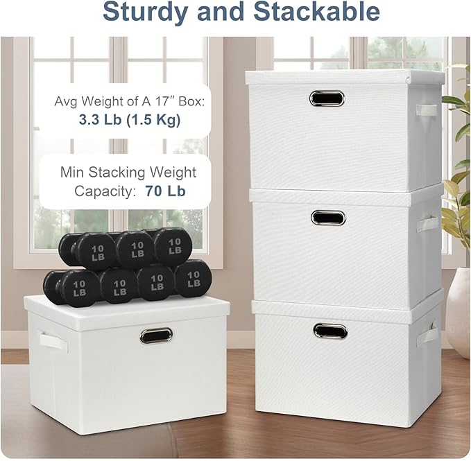 Graciadeco Large 17" 36 Quart Collapsible Stackable Storage Bins with Lids, 5 Packs White Linen Fabric Closet Boxes with Lids, Storage Cube Baskets Container Organizers for Bedroom Office(17 x12 x11)