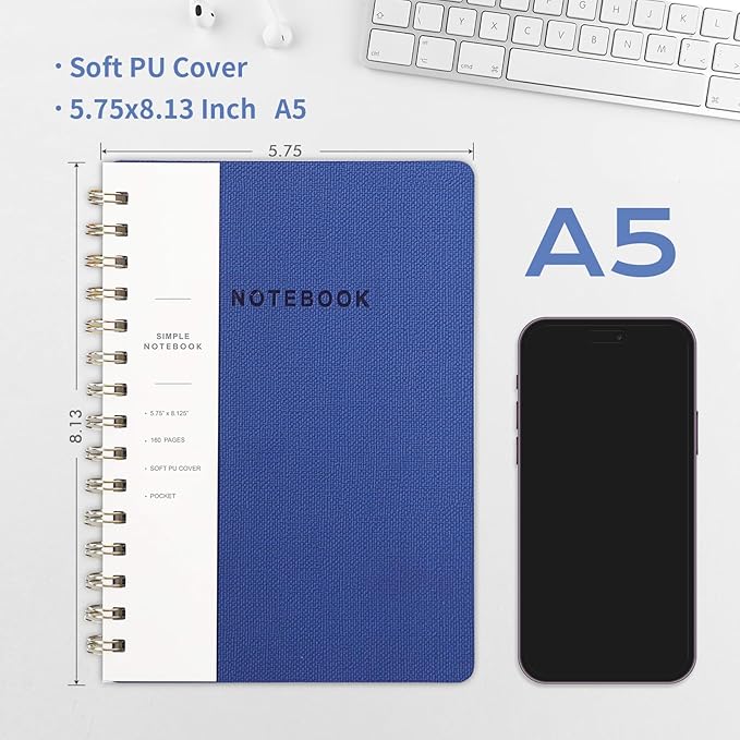 Spiral Notebook-5.75" x 8.125" College Ruled Journal with Inner Pockets and 160 Pages,PU Leather Cover Business Journal, Twin-Wire Binding Notebook Perfect for Office & Home School Supplies 6 pack Black/NavyBlue