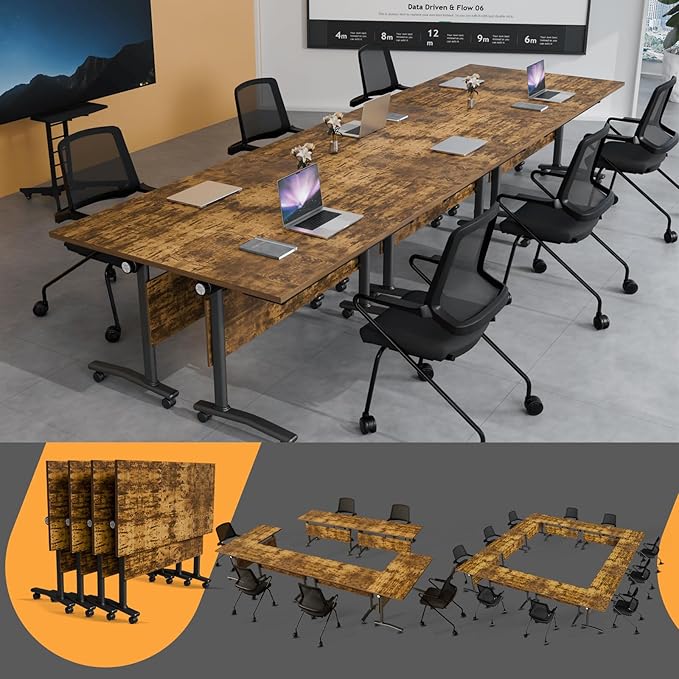 Folding Conference Table 4ft 5ft, Foldable Office Meeting Desk for 6 People, Multiple Sizes Colors Mobile Conference Room Table for Training Room School Business Furniture (6, Brown, 71in)