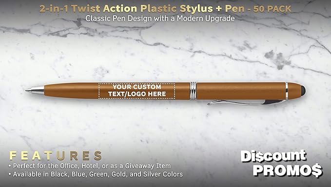 DISCOUNT PROMOS Custom Twist Action Plastic Stylus Pens, Set of 50, Personalized Bulk Pack - Pens for Work, Cool Pens for Writing, Black Ink - Gold