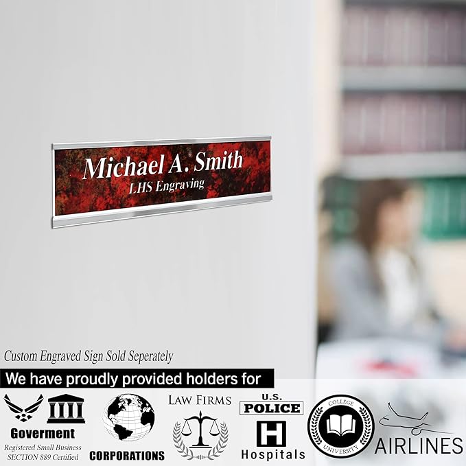 Personalized Name Plate with Choice of Mounting Holders for Walls, Doors, Cubicles, Hanging and More - Custom Burgandy Plastic White Letters - USA Made 2x10 - B26