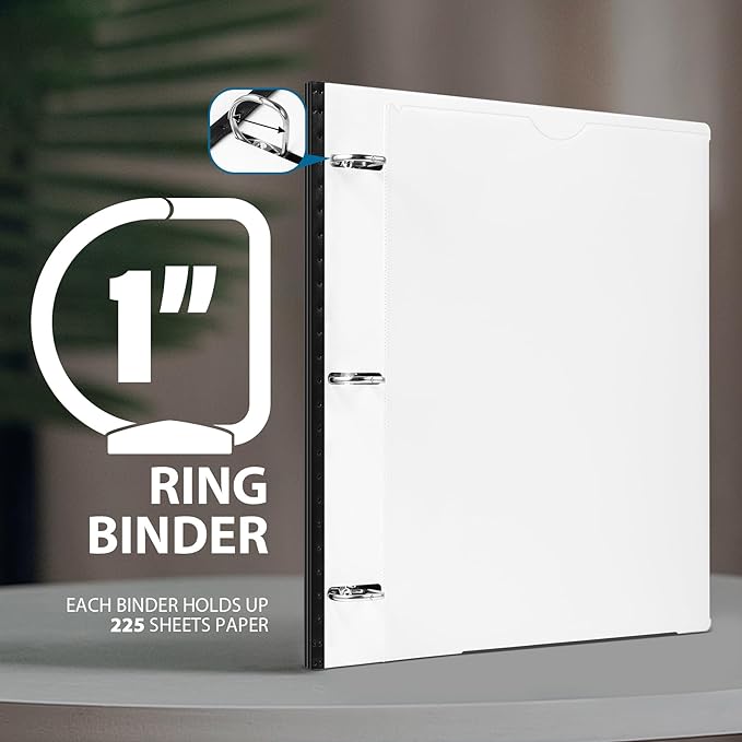 WOT I 1 Inch Telescoping 3 Ring Binder 12-Pack, Expandable Flexible Binder with Customizable Front Cover & Clear Catalog Pocket, Holds 225 Sheets, School Office Supplies, Black+White