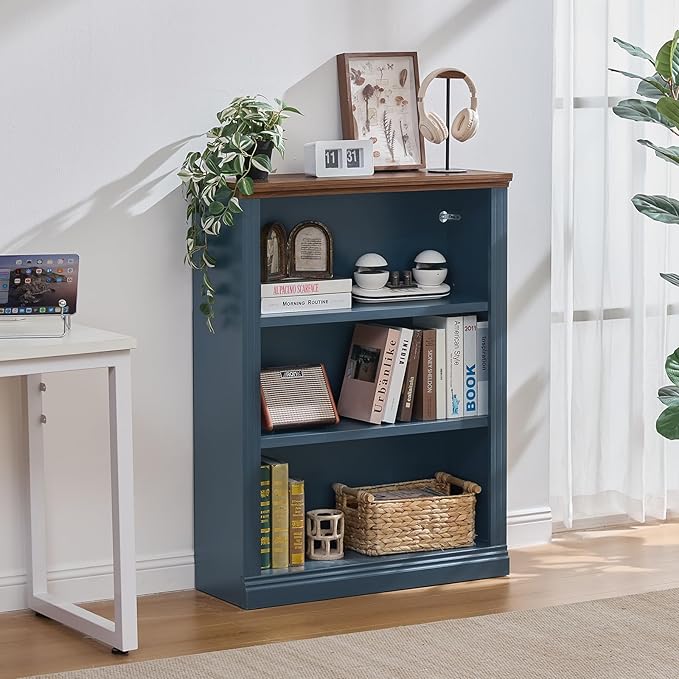 RWYHG 43" Blue Tall Bookshelf,3-Tier Thick Wooden Book Shelf with Adjustable Shelves,Free Standing Farmhouse Bookcase with Open Display Storage,Floor Vintage Bookshelves for Living Room,Office