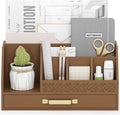 Wisuce Essentials Bamboo Desk Organizer with Drawers, Mail Organizer Countertop Wood Desk Drawer Tabletop Storage Organization Pen Holder Letter Sorter Makeup Organizer for School Home Office (Brown)