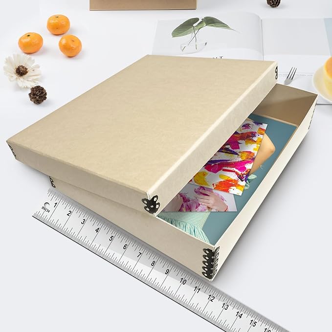 Lineco Museum Archival Storage Box, 11.75x17.75x3.75 in. Drop Front Design. Acid-Free with Metal Edge. Organize Photos, Pictures, Prints, Documents, Crafts, DIY. Tan, 1 Pack