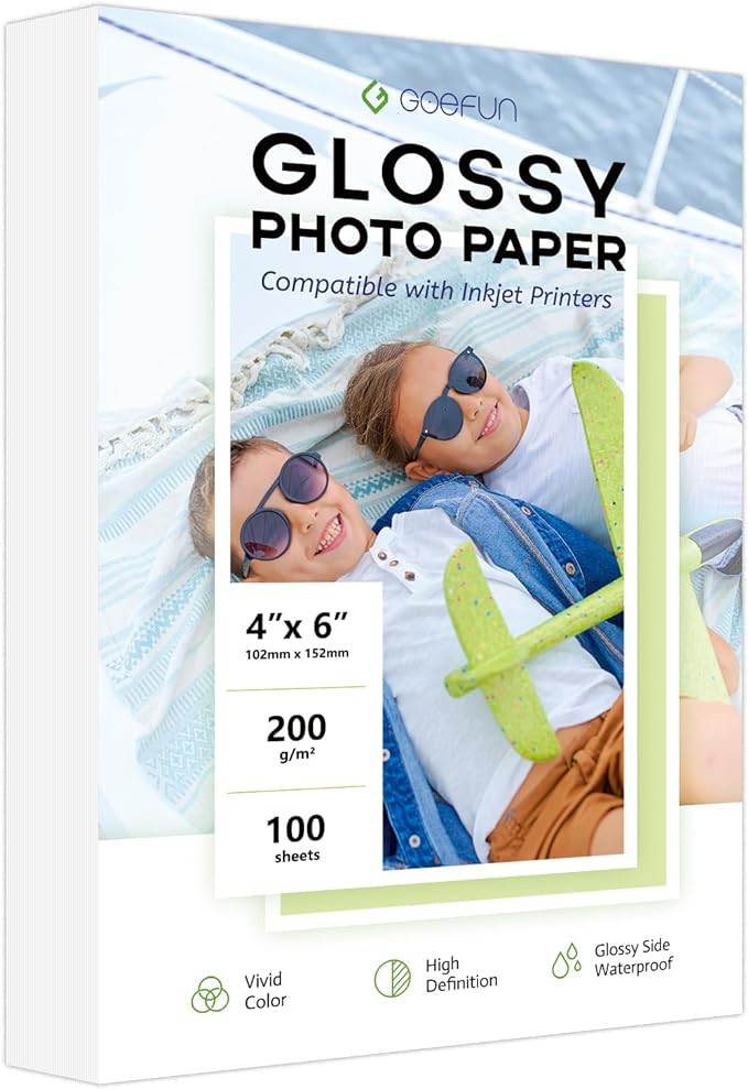 4x6 Photo Paper, Goefun 200GSM/54LB Glossy Inkjet Printer Paper for Dye Ink, 100 Sheets