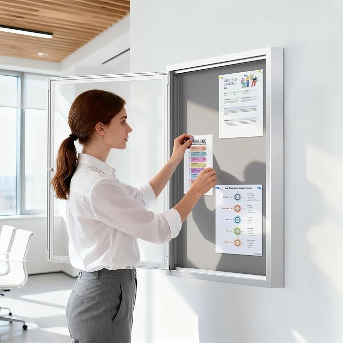 SWANCROWN Outdoor Lockable Gray Fabric Bulletin Board Shatter Resistant Display Cases Wall Mount Message Board with Swing Door,36x24 inches