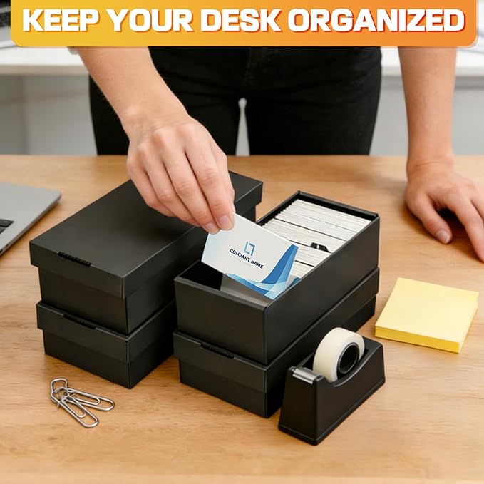 QLOUNI Business Card Storage Box 4 Pack, Business Card Holder Case with Lids, Holds 3200 Cards Total, 3-Layer Corrugated Desk Business Card Organizer, Black Card Index Photo & Office Supplies Storage