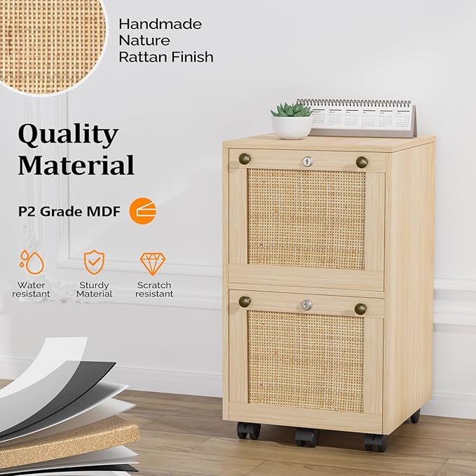 VINGLI 2 Drawer File Cabinet with Lock, Rolling File Cabinets for Home Office, Small Printer Stand, Wood Rattan Oak File Organizer, Under Desk Filing Cabinet on Wheels for Folders with Tabs