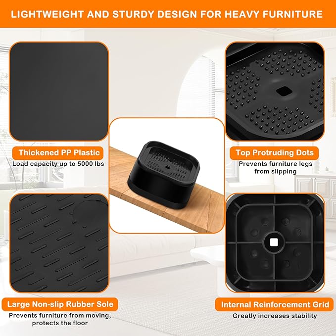 shouwuhho 16 Pack Furniture Risers Adjustable Bed Risers Heavy Duty Lifts Height 1", Square Stackable Bed Risers 1, 2 or 3 Inch for Desk Leg Table Couch Sofa Chair Bed Frame Legs Dorm, Black