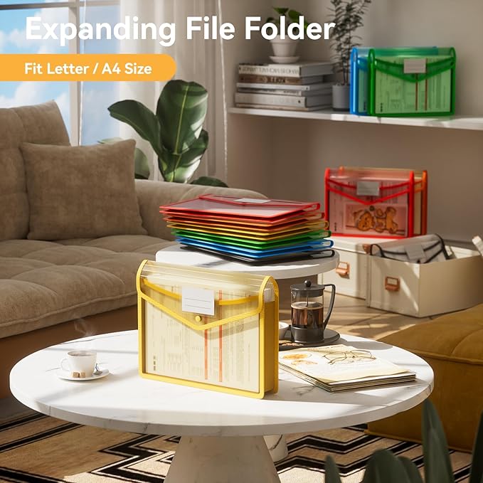 ABC life 6 Pack Plastic Expanding File Folder, Folders for Documents with Snap Closure, Colorful File Folder Organizer Holder, Transparent Accordion File Pouch,Large Capacity, Fit Letter/A4 Size