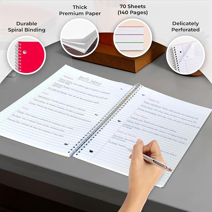 Rosmonde Spiral Notebook, 24 Pack, 1 Subject, College Ruled, 70 Sheets, 8 x 10-1/2",Bulk College Ruled Spiral Notebook for School, 3 Hole Punched, Single Subject Notebook Bulk, Assorted Colors