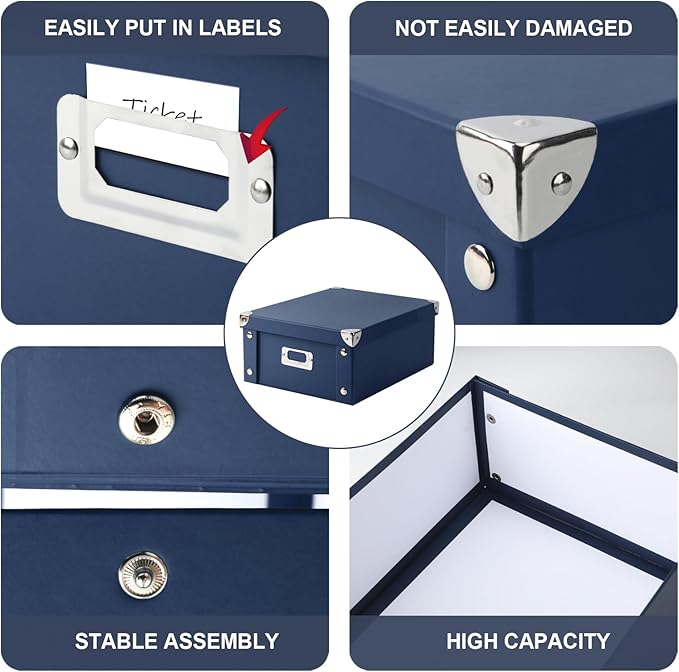 DLUGOPIS 2 Pcs Inch Checks Storage Box with Lid Document Boxes Document Bin Banker Boxes Foldable Receipt Box Storage Navy Blue Cardboard Record Boxes For Business Pesonal Books Files 12"x10"x5"