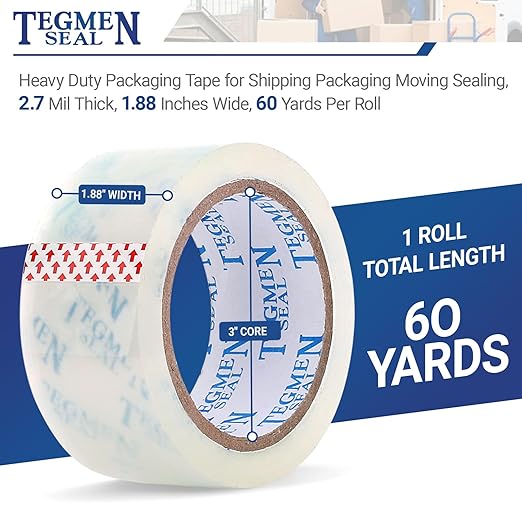 TegmenSeal Heavy Duty Clear Packing Tape with Dispenser Combo for Shipping, Moving & Storage,Thicker Clear Packing Tape, 1.88 inches Wide, 60 Yards Per Roll, 6 Pack 360 Total Yards
