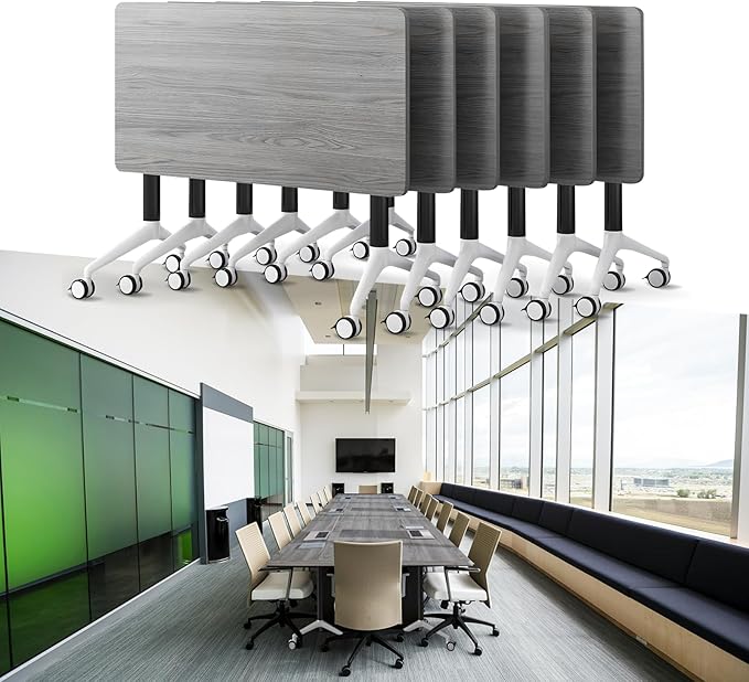 Goakwwuz Conference Room Table, Folding Conference Tables,Thicken Grey Tabletop,Flip Top Wooden Seminar Meeting Room Table for Conference Room Offices (6, Grey, 70.8”)