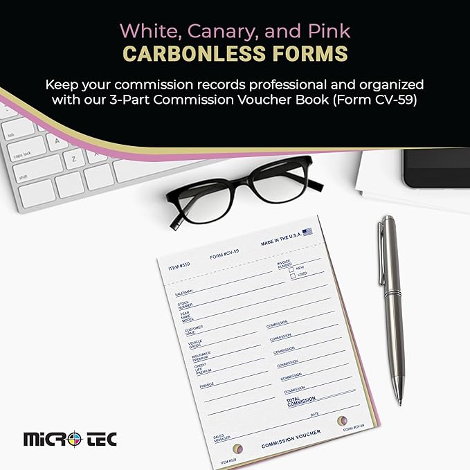 Commission Voucher Book CV-59-3 Part Carbonless Forms, Triplicate NCR Receipt Book, Snap-Out Pre-Punched with File Holes Commission Vouchers, Blue Ink, 4.25 x 5.625 Inch - Pack of 200